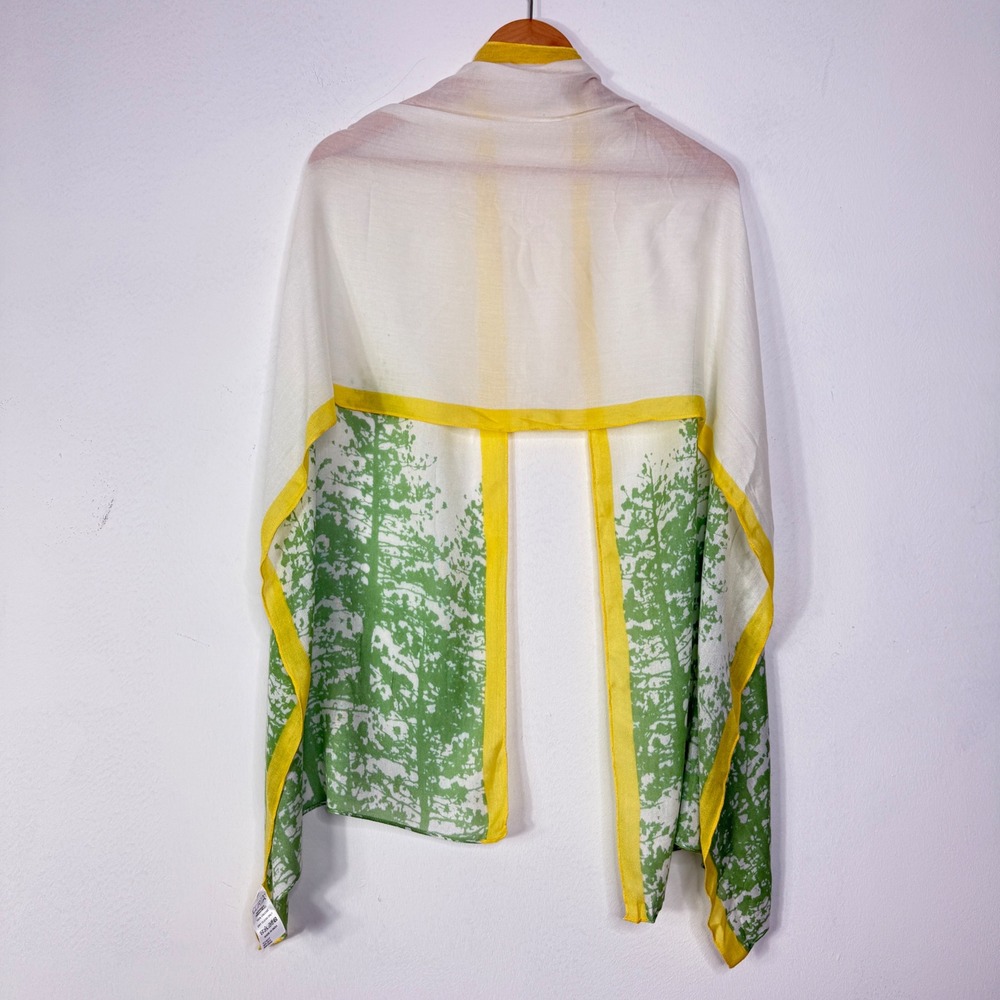 Curia Womens Scarf White Green Yellow Tree Print Sheer Viscose Boho Cottagecore - Picture 3 of 9